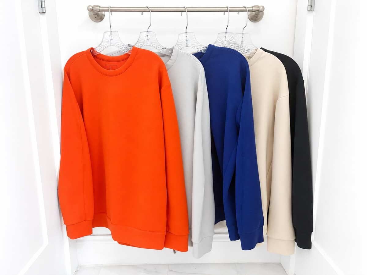Five Nike 24.7 ImpossiblySoft crew neck sweatshirts on clear hangers in orange, light gray, royal blue, cream and black